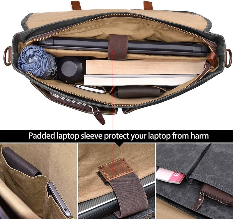 NEWHEY Mens Messenger Bag 15.6 Inch Waterproof Vintage Genuine Leather Waxed Canvas Briefcase Large Satchel Shoulder Bag Rugged Leather Computer Laptop Bag, Grey - Image 5